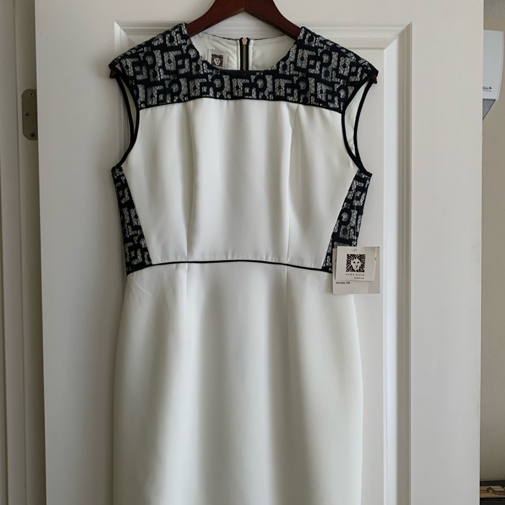 Anne Klein White Black Lace Overlay Midi Dress